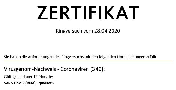 SARS-Cov-2 Analytik Zertifikat 2020